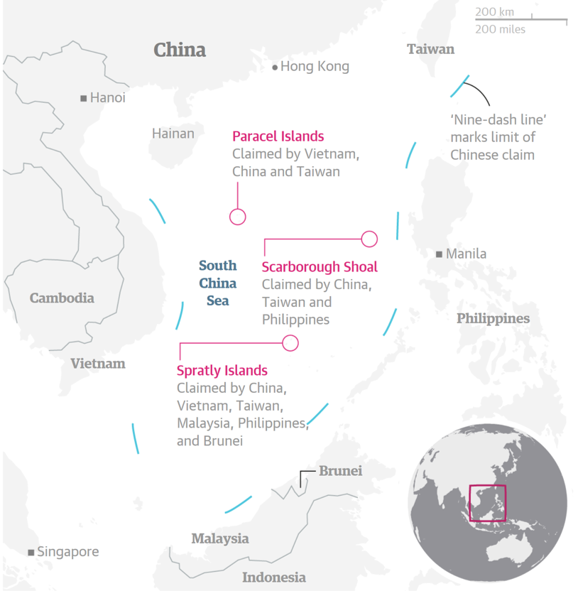 Demarcation of the ‘nine-dash line’ with respect to the South China Sea and the Southeast Asian region (Image Source: The Guardian)